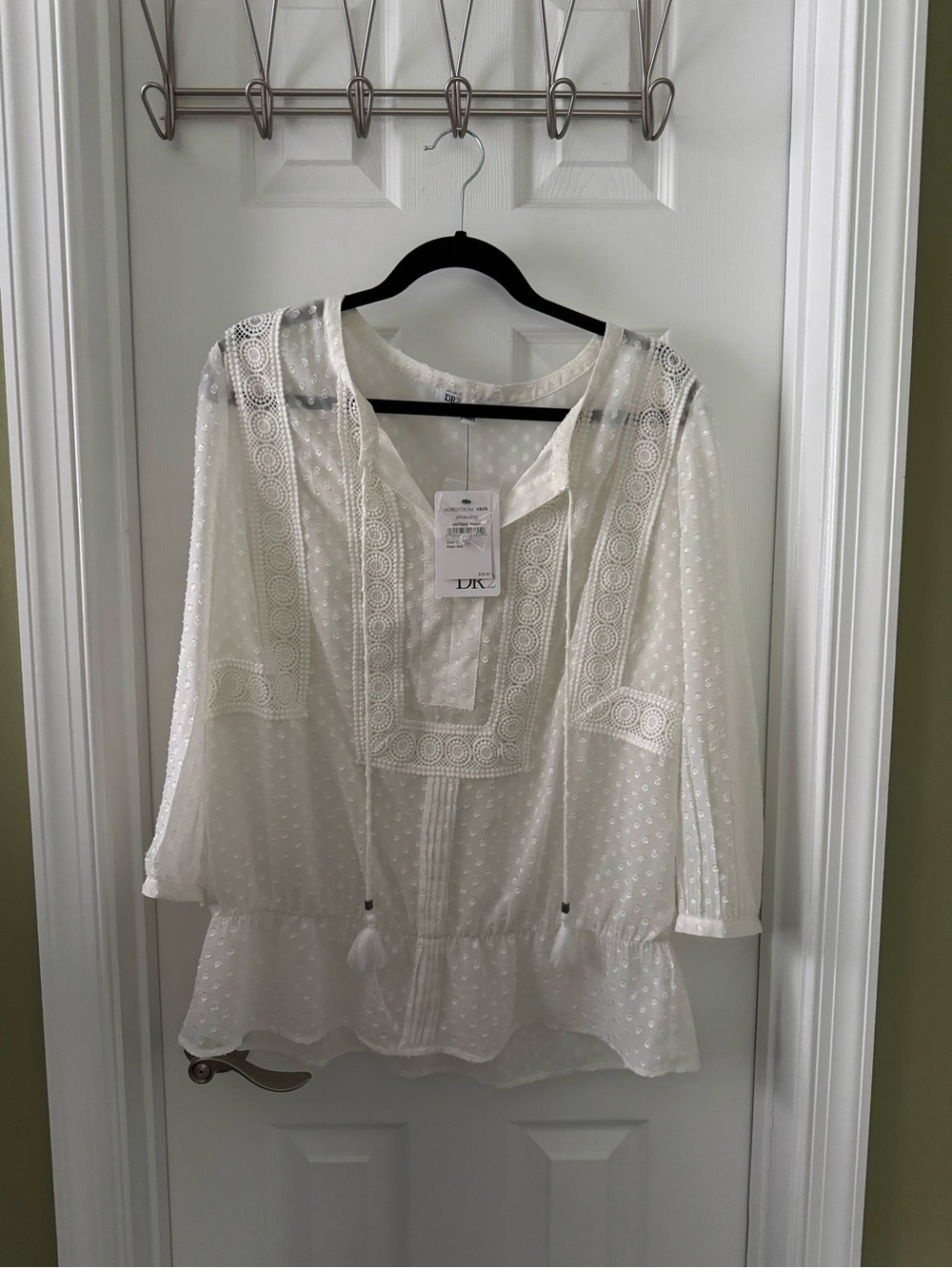 Nordstrom White Eyelet Peasant Blouse with Tassel Tie